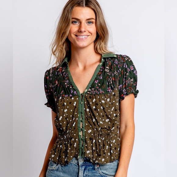 Free People Tops - Free People Bella Button Up Blouse in Kelp Forrest Combo NWT